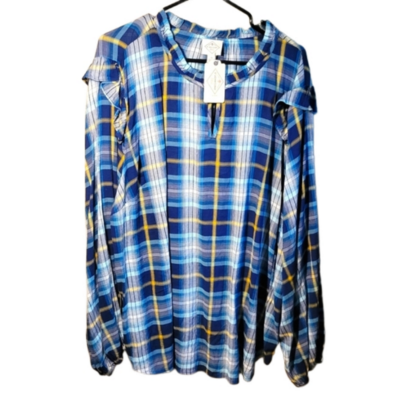 St John's Baysize 3x lightweight cotton/rayon plaid blues,yellow oversized flowy - Picture 1 of 8